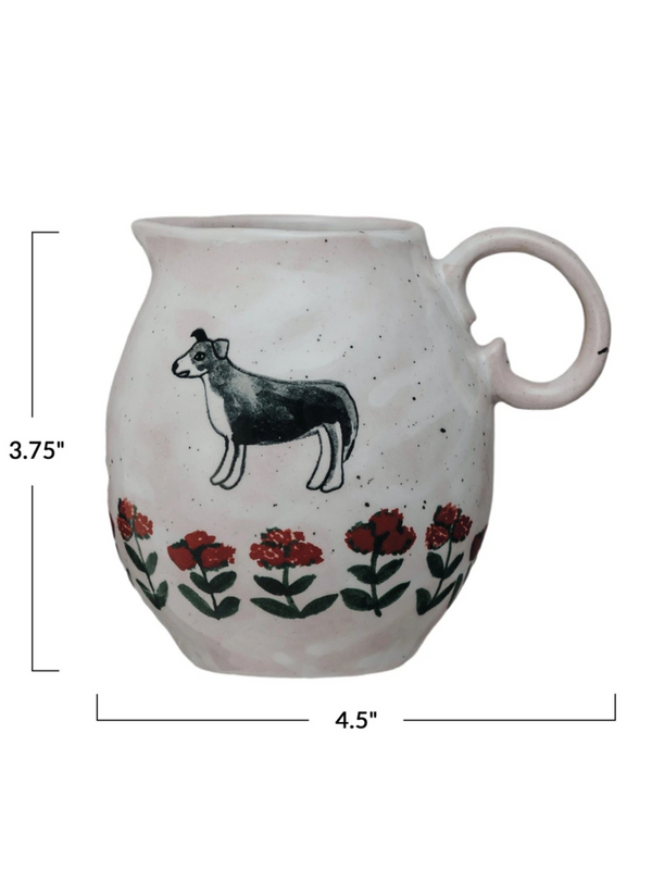 10 oz. Hand-Painted Stoneware Creamer w/ Dog & Flowers