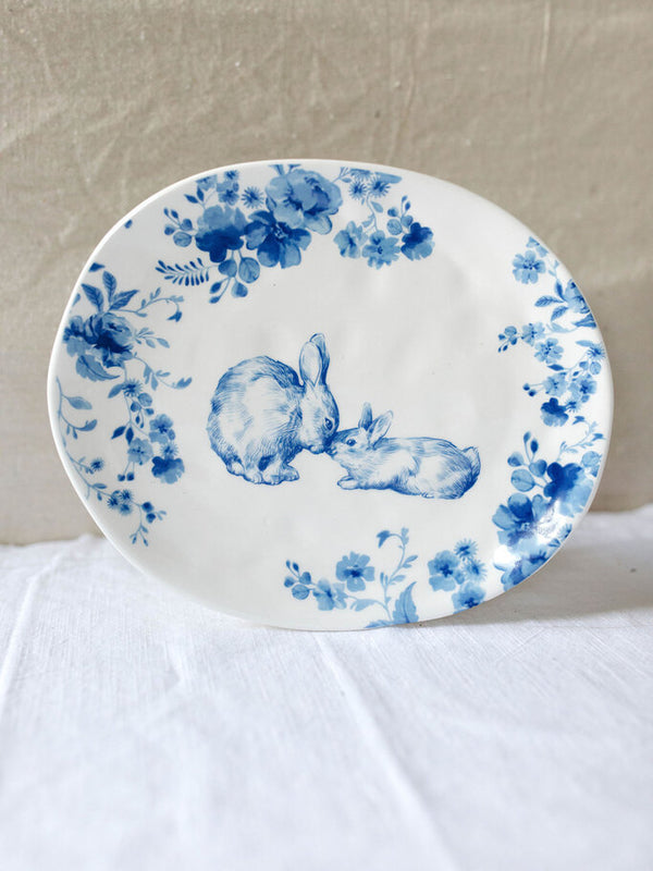 oval blue floral rabbit platter