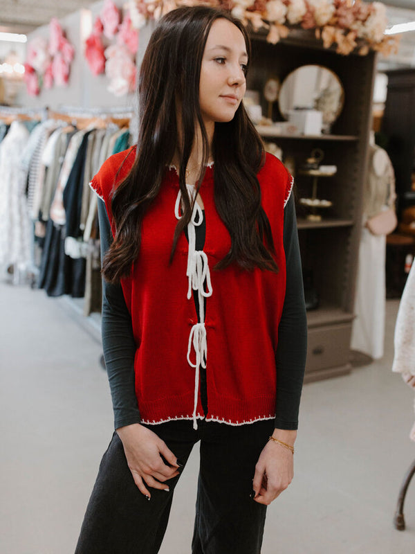 red contrast stitch front tie detail sweater