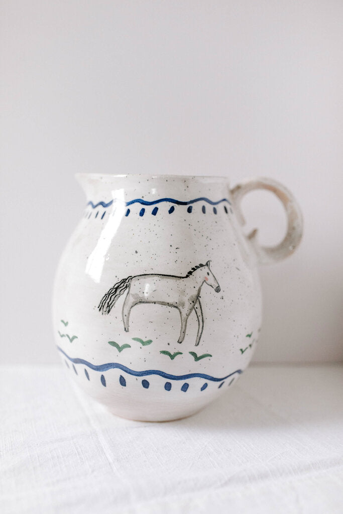2-1/2 Quart Hand-Painted Stoneware Pitcher w/ Horse