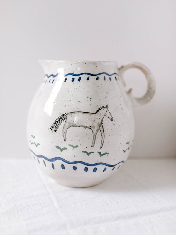 2-1/2 Quart Hand-Painted Stoneware Pitcher w/ Horse