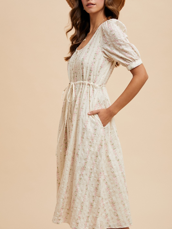 cream and pink flower print button down dress