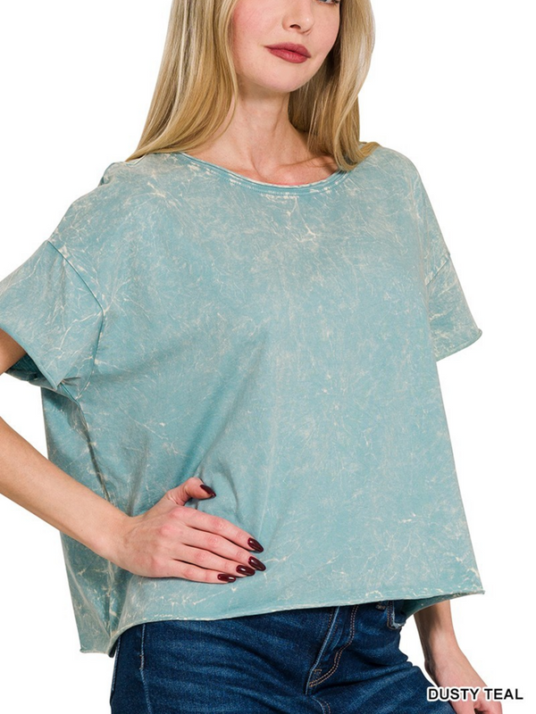 dusty teal washed crew neck crop box tee