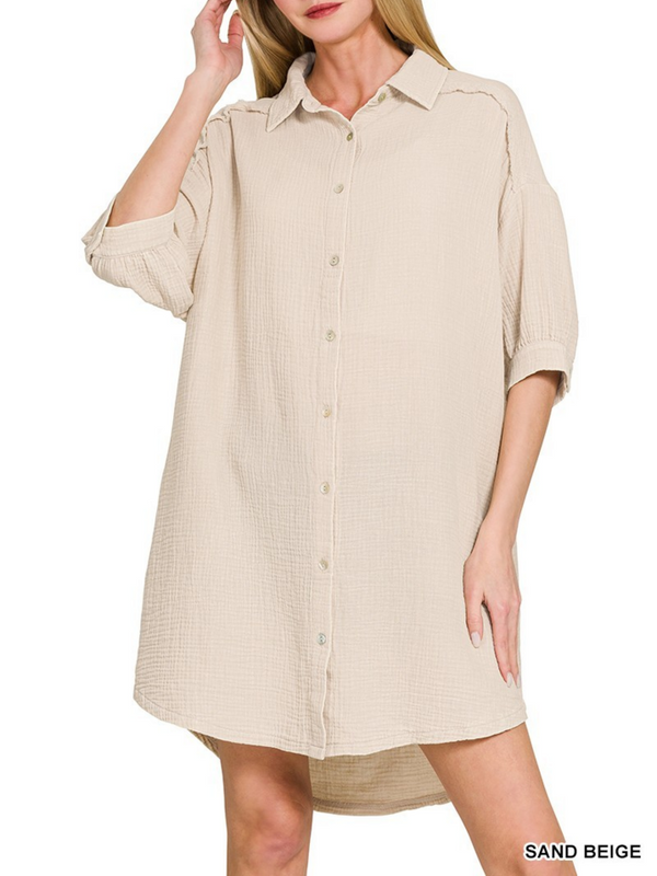sand beige double gauze button down shirt dress