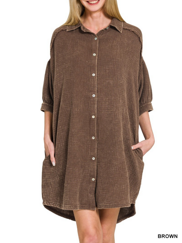 brown double gauze button down shirt dress
