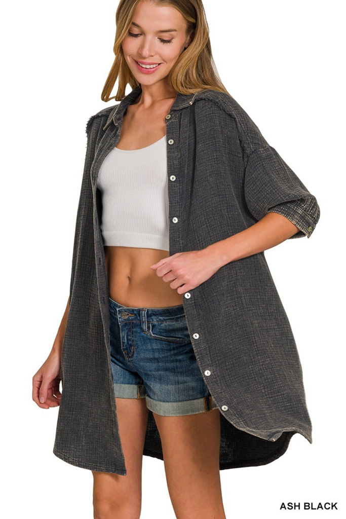 ash black double gauze button down shirt dress
