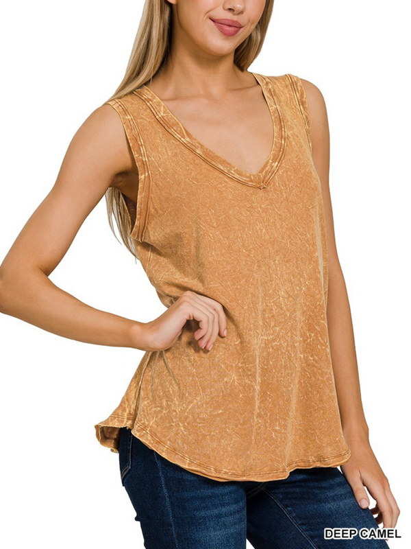 deep camel crinkle washed V-neck sleeveless top