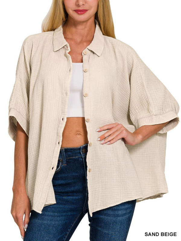 sand beige double gauze button down half sleeve shirt