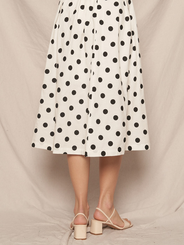 white and black Polka Dot Pleated A-Line Midi Skirt