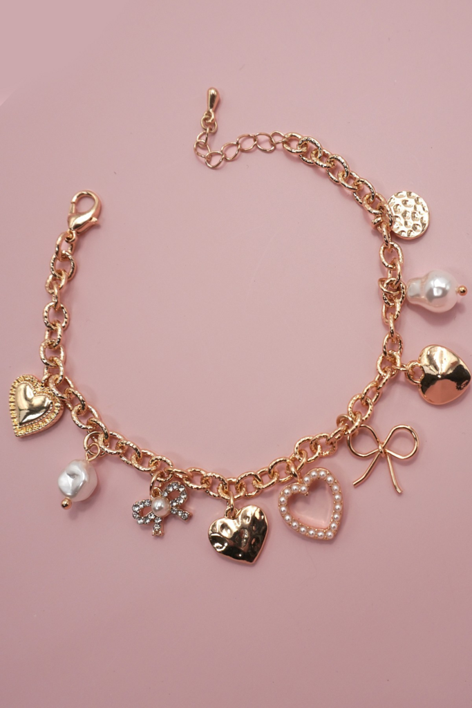 Gold Charm Bracelet-bow Heart Pearl Disc Charms