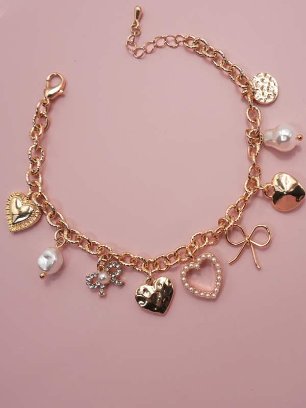 Gold Charm Bracelet-bow Heart Pearl Disc Charms