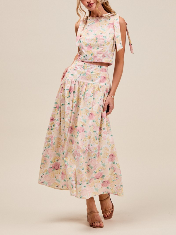 floral printed woven shoulder bow tie top with long skirt set