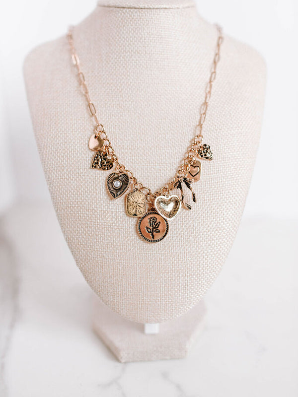 Gold Charm Necklace-cluster Bow Heart Pearl Link