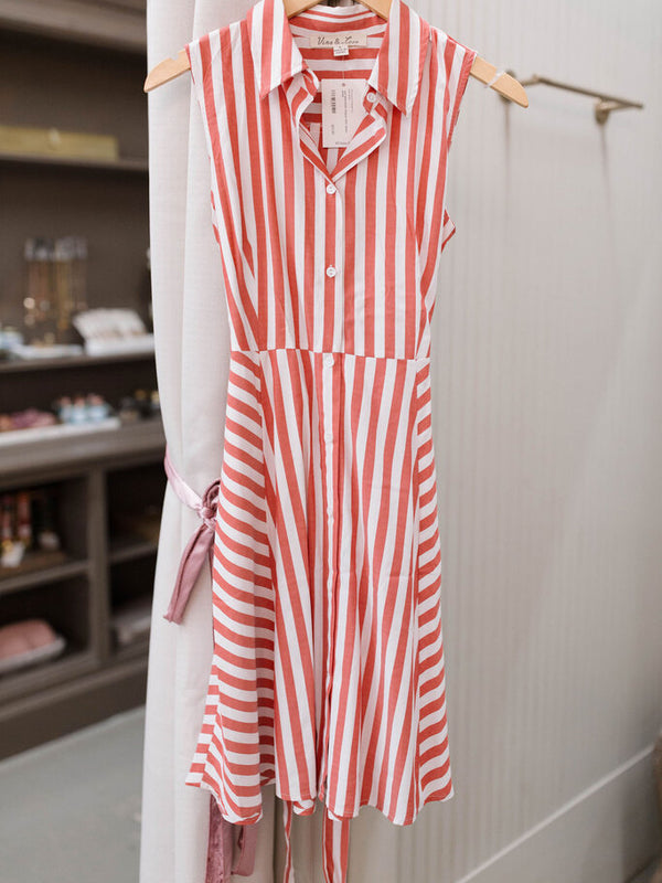 red sleeveless striped shirt dress
