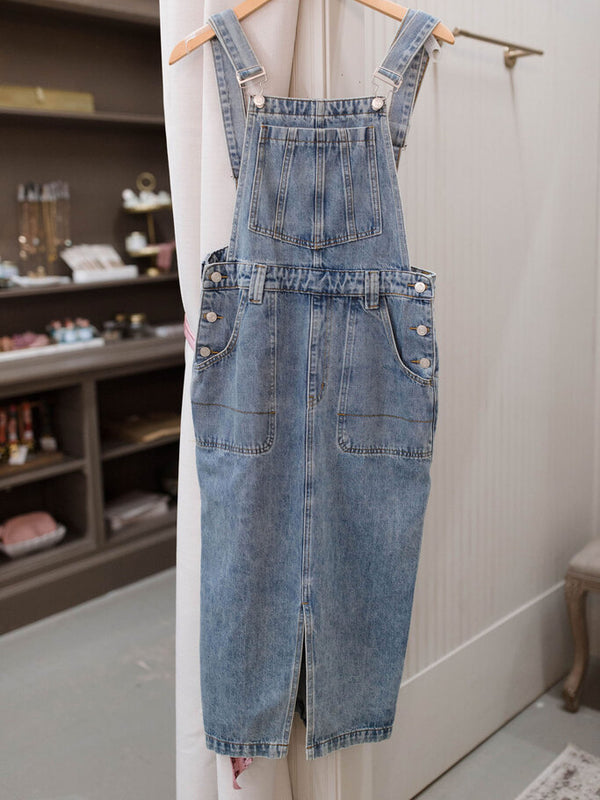 denim overall midi skirt