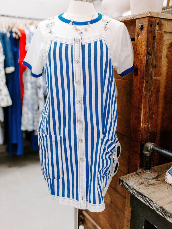 blue stripe overall dress