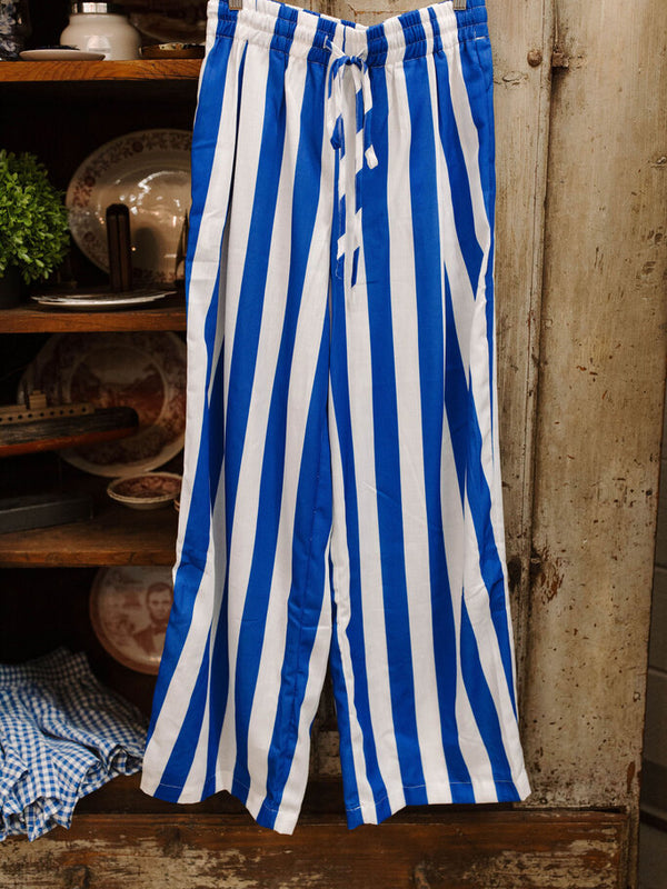 blue striped linen blend flowy pants
