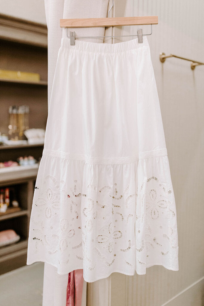 white eyelet detail midi skirt