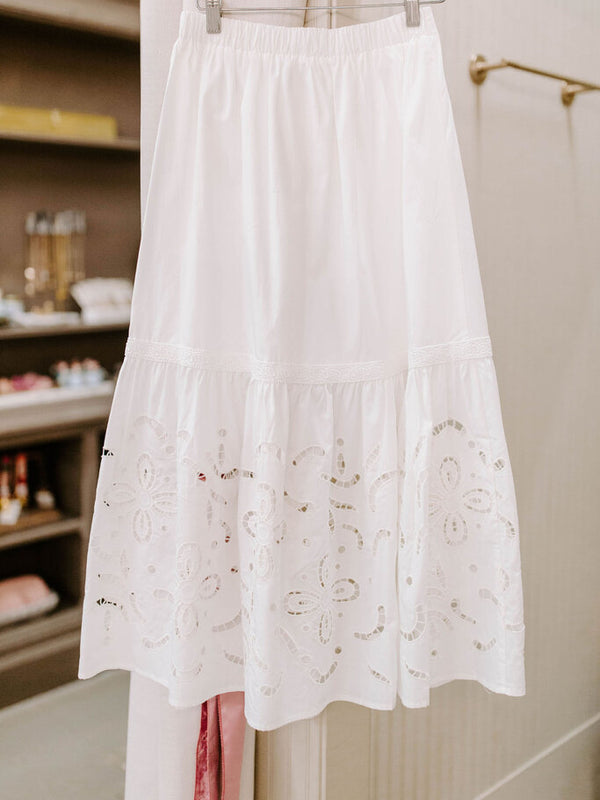 white eyelet detail midi skirt