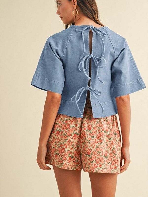 dried rose stretch denim tie back detail blouse