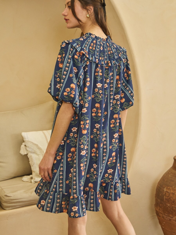 navy multi floral printed dress with bubble sleeves