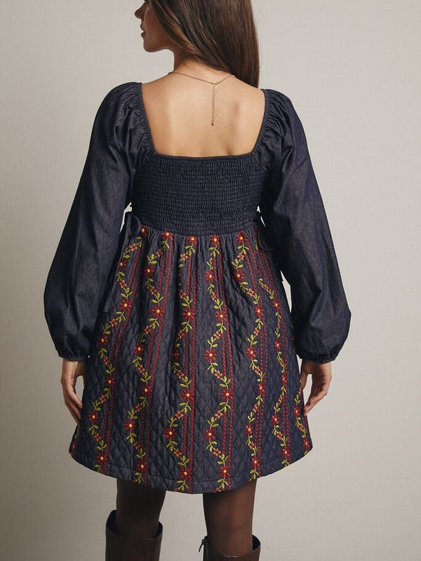 midnight indigo embroidered quilted mini dress