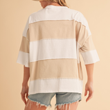 white and oat color block top