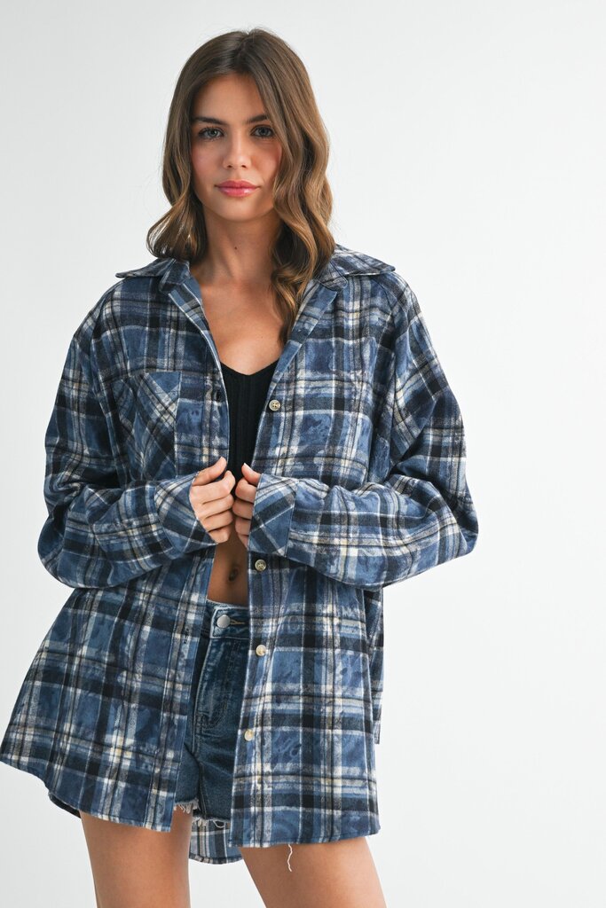 blue plaid washed flannel button up