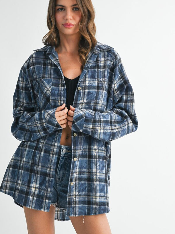 blue plaid washed flannel button up