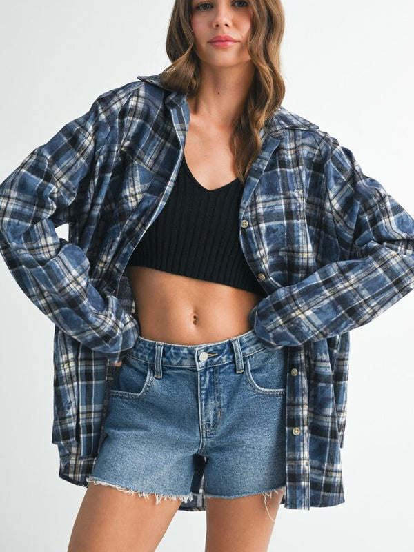 blue plaid washed flannel button up