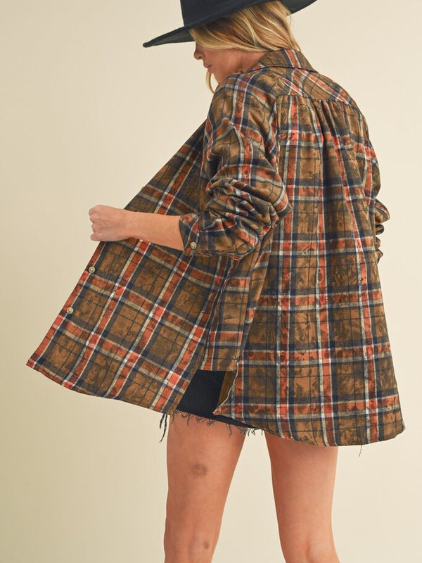 camel plaid washed flannel button up