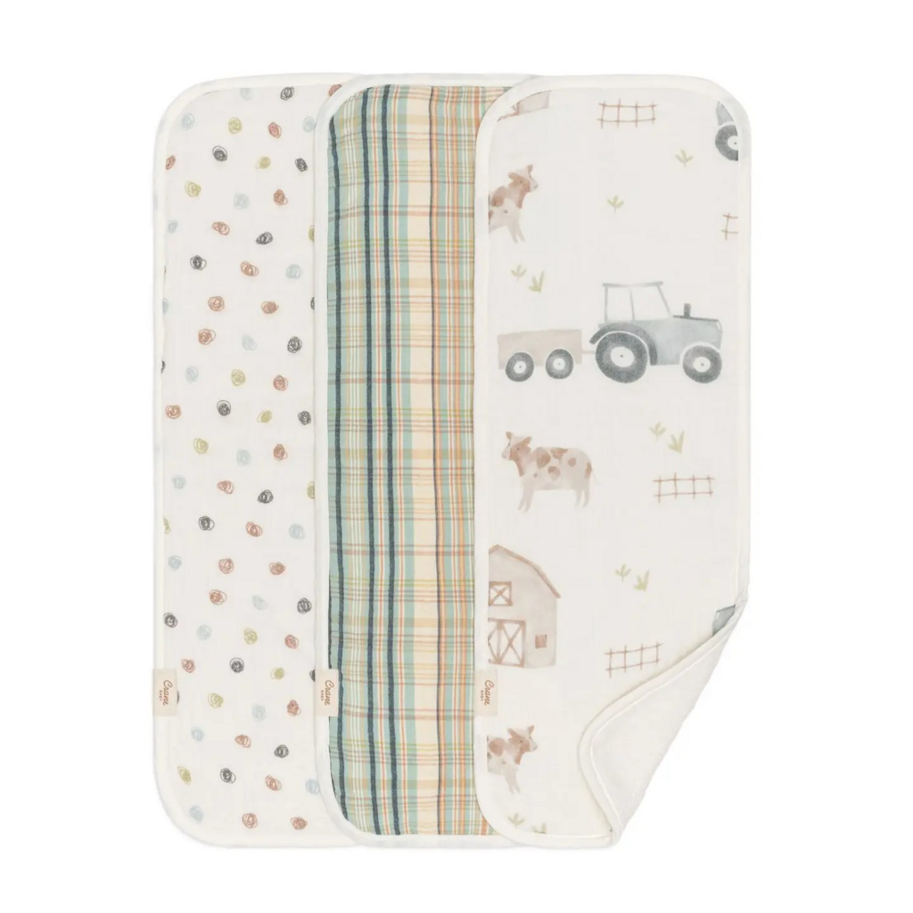 3 piece farmhouse tractor burp cloth set