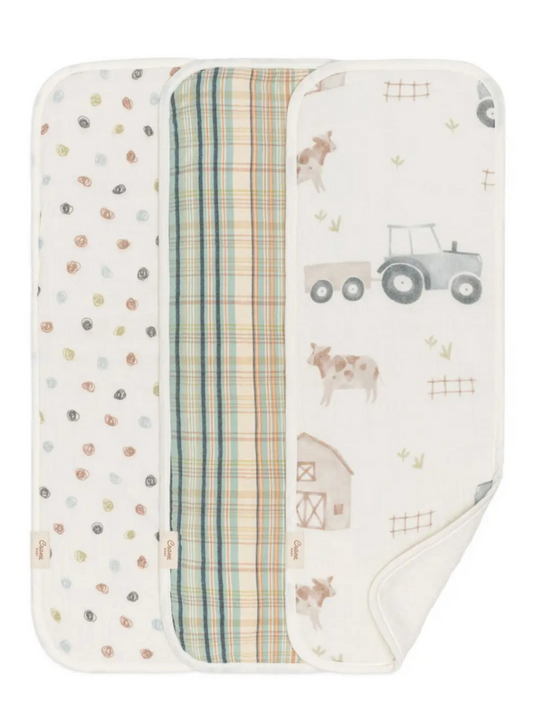 3 piece farmhouse tractor burp cloth set