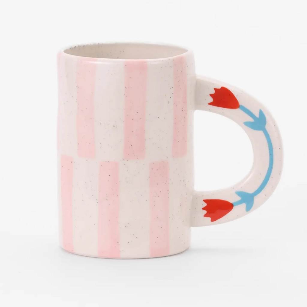 pink striped hand painted stoneware mug