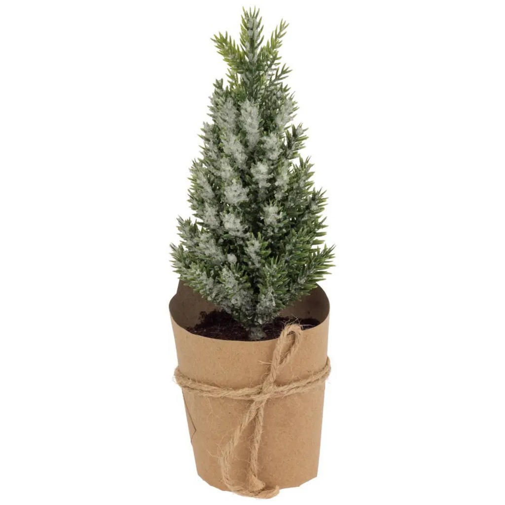 6.75" Tall Paper Pot Icy Pine Tree with Sisal Bow Christmas