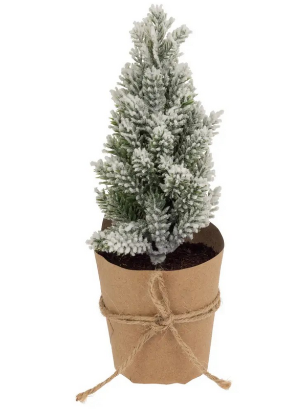 6.75" Tall Paper Pot Snowy Pine Tree w/ Sisal Bow Christmas