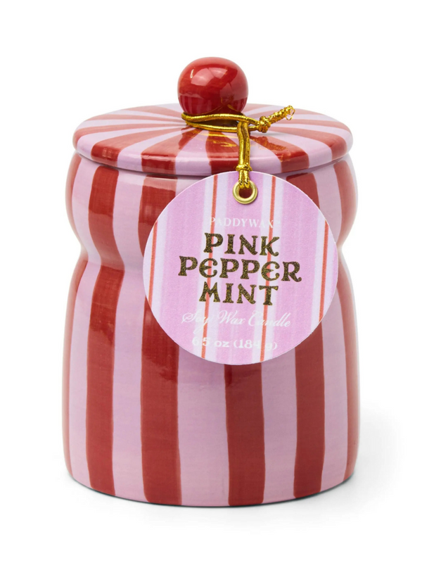 6.5oz lidded pink and red jar candle in pink peppermint