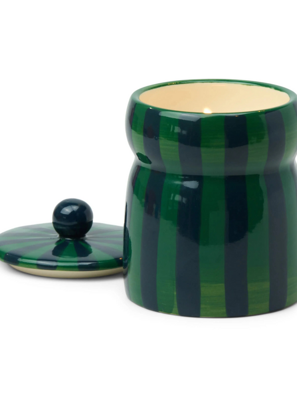 6.5oz lidded green and navy candle in balsam fir