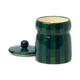 6.5oz lidded green and navy candle in balsam fir