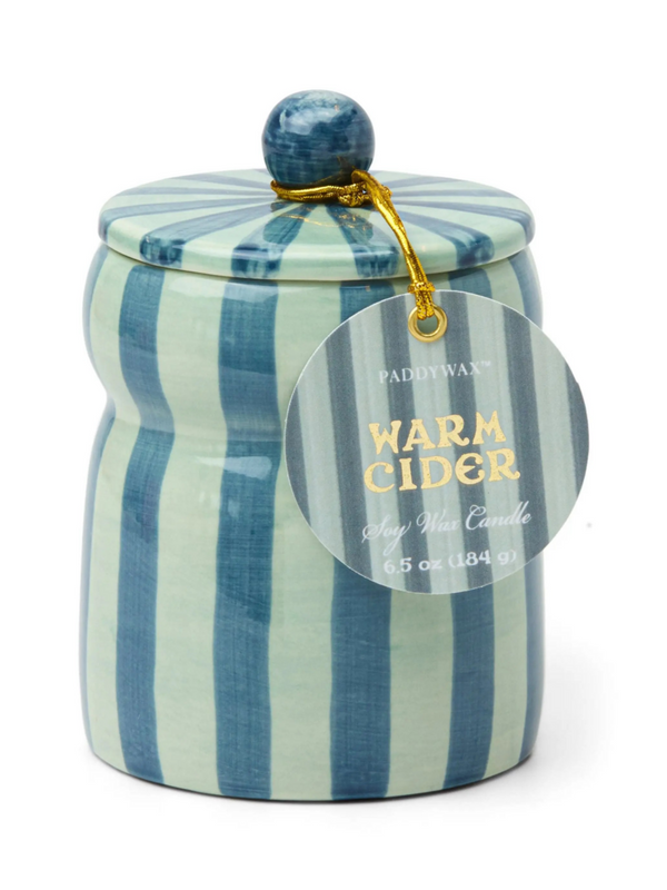 6.5oz. lidded blue and navy candle in warm cider