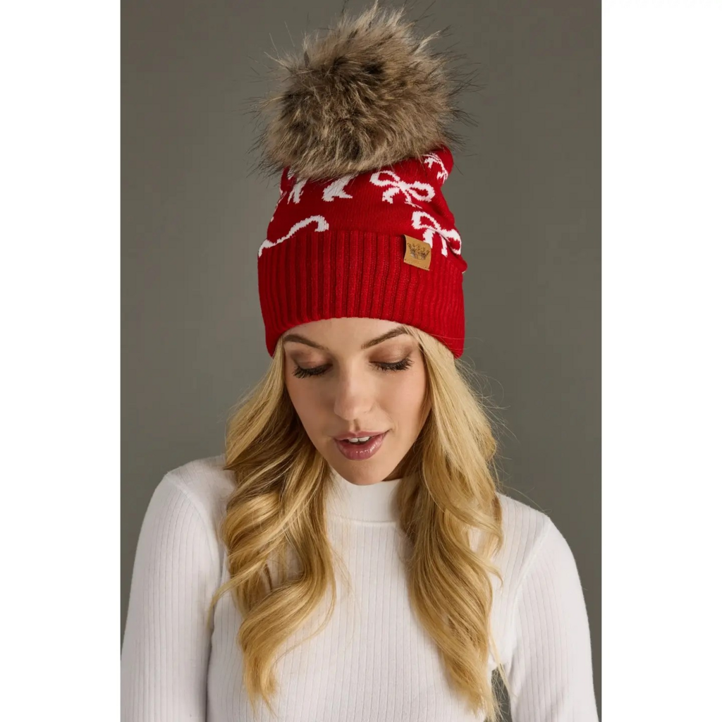 red and white bow pom hat