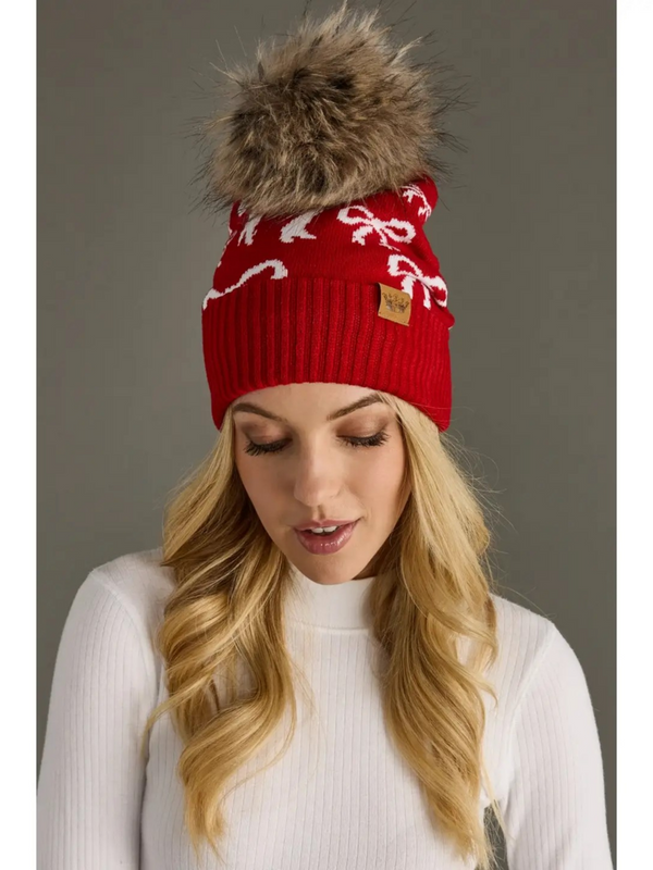 red and white bow pom hat