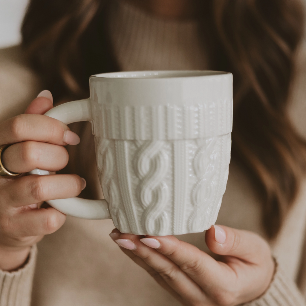 white sweater mug