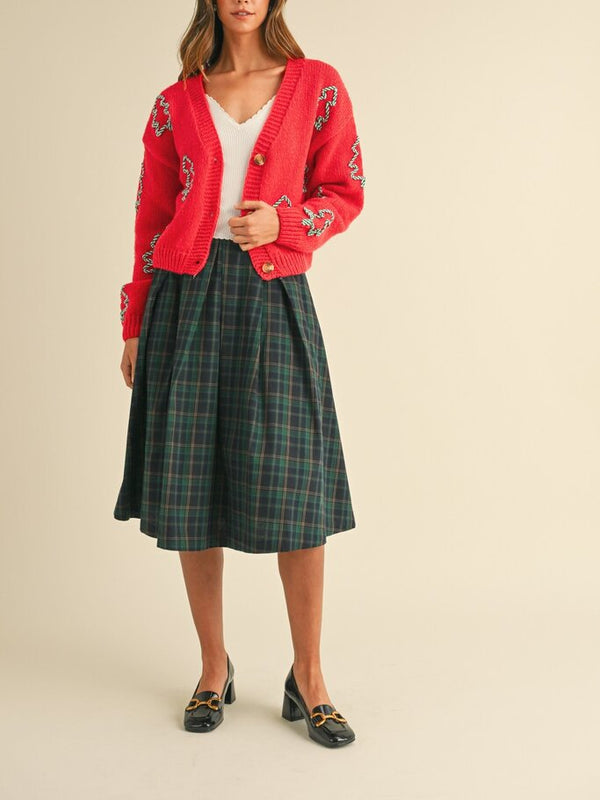 green plaid box pleats midi skirt