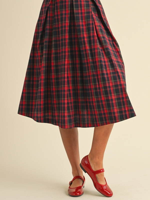 red plaid box pleats midi skirt