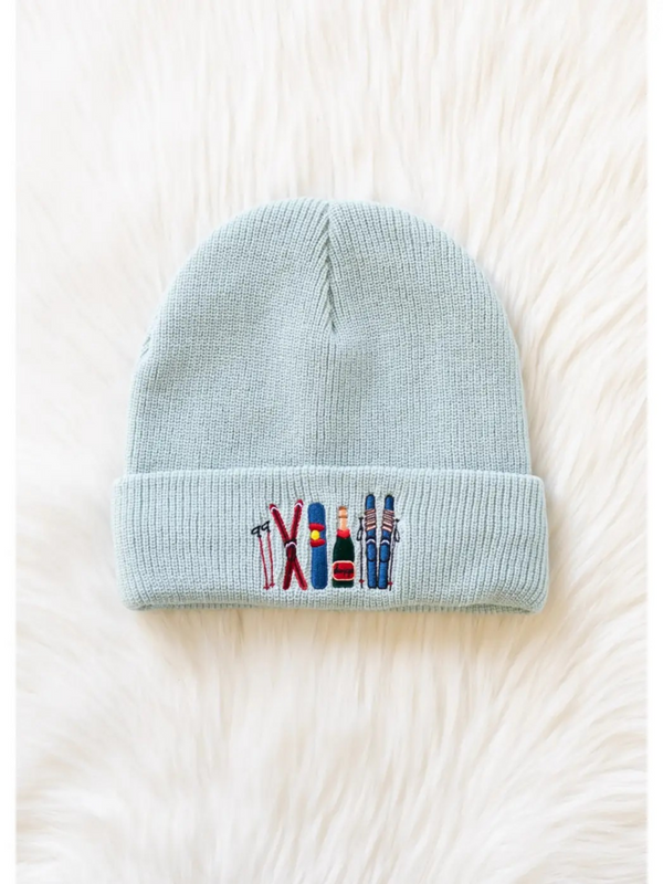 light blue ski embroidered knit beanie