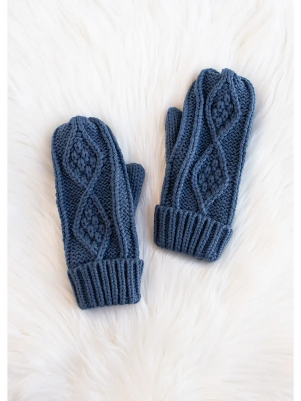 steel blue cable knit mittens