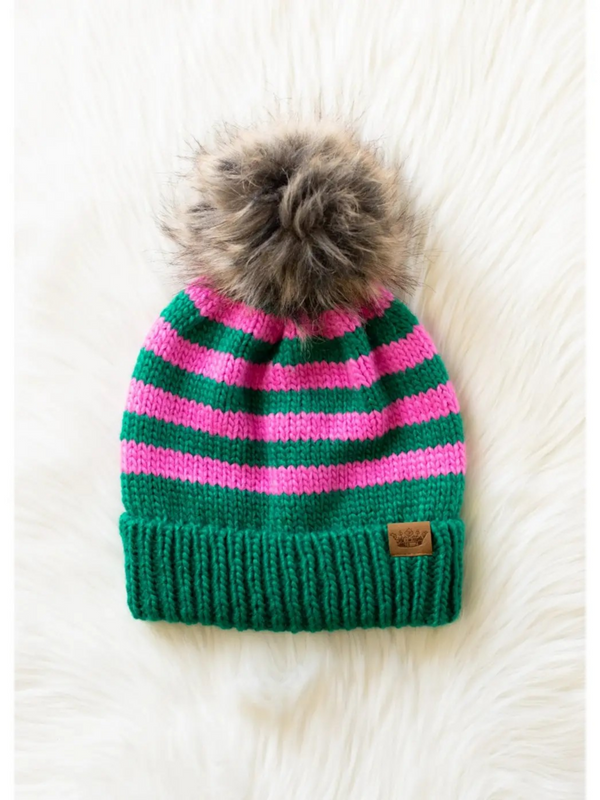 green and pink striped pom hat