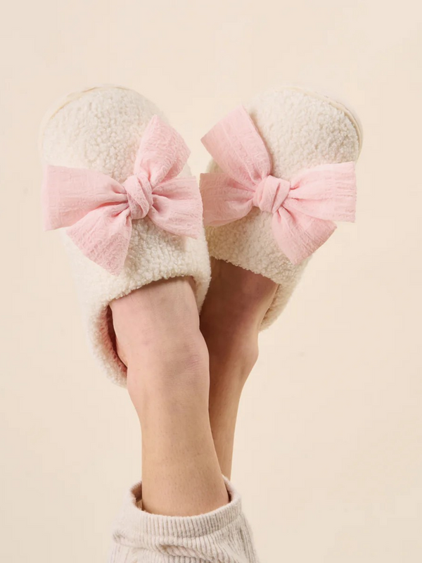 blush bow slippers