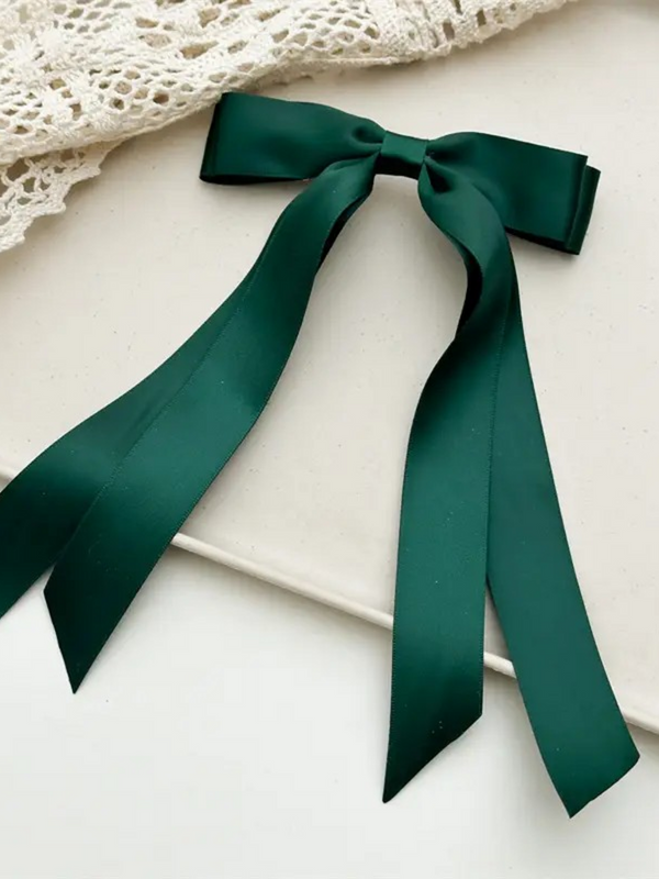 green double bow long ribbon barrette clip